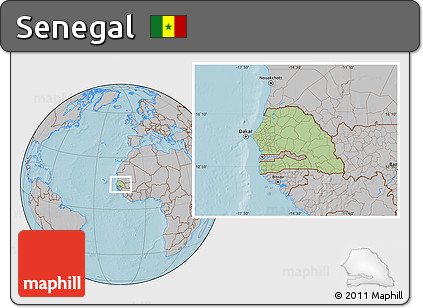 Savanna Style Location Map of Senegal, gray outside, hill shading outside