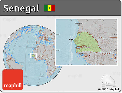 Savanna Style Location Map of Senegal, gray outside, hill shading outside