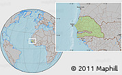 Savanna Style Location Map of Senegal, gray outside, hill shading outside
