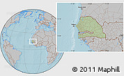 Savanna Style Location Map of Senegal, gray outside, hill shading