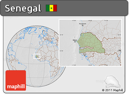 Savanna Style Location Map of Senegal, lighten, desaturated, hill shading