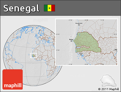 Savanna Style Location Map of Senegal, lighten, desaturated, hill shading