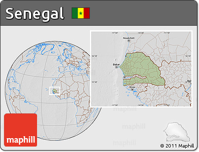 Savanna Style Location Map of Senegal, lighten, desaturated, hill shading