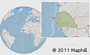 Savanna Style Location Map of Senegal, lighten, desaturated, land only, hill shading