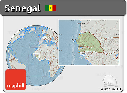 Savanna Style Location Map of Senegal, lighten, semi-desaturated, land only, hill shading