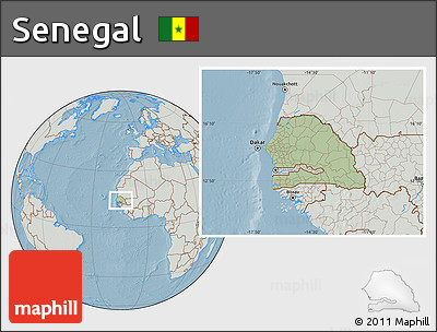 Savanna Style Location Map of Senegal, lighten, semi-desaturated, land only, hill shading
