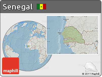 Savanna Style Location Map of Senegal, lighten, semi-desaturated, land only, hill shading