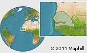 Savanna Style Location Map of Senegal, satellite outside, hill shading