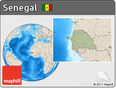 Savanna Style Location Map of Senegal, shaded relief outside, hill shading
