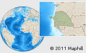 Savanna Style Location Map of Senegal, shaded relief outside, hill shading