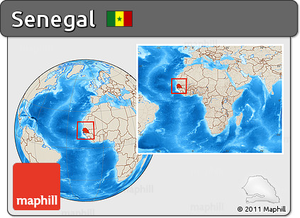 Shaded Relief Location Map of Senegal, within the entire continent