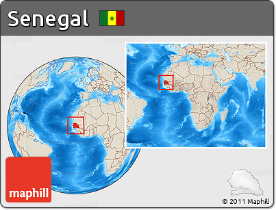 Shaded Relief Location Map of Senegal, within the entire continent