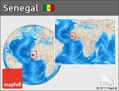 Shaded Relief Location Map of Senegal, within the entire continent
