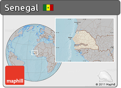 Shaded Relief Location Map of Senegal, gray outside, hill shading