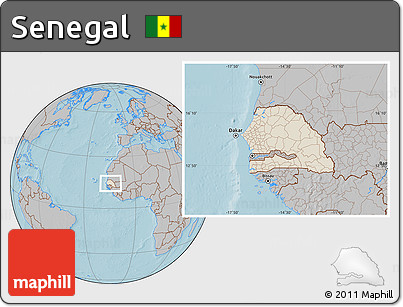Shaded Relief Location Map of Senegal, gray outside, hill shading