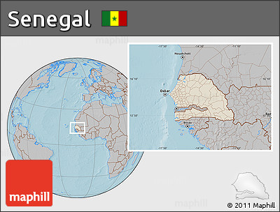 Shaded Relief Location Map of Senegal, gray outside, hill shading
