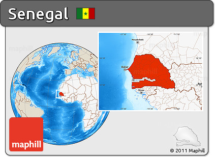 Shaded Relief Location Map of Senegal, highlighted continent