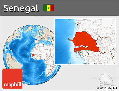 Shaded Relief Location Map of Senegal, highlighted continent