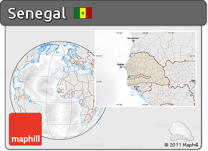 Shaded Relief Location Map of Senegal, lighten, desaturated