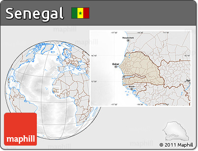 Shaded Relief Location Map of Senegal, lighten, desaturated