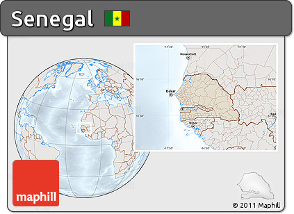 Shaded Relief Location Map of Senegal, lighten, semi-desaturated