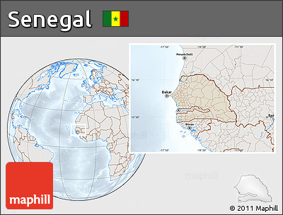 Shaded Relief Location Map of Senegal, lighten, semi-desaturated