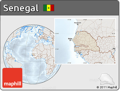 Shaded Relief Location Map of Senegal, lighten, semi-desaturated