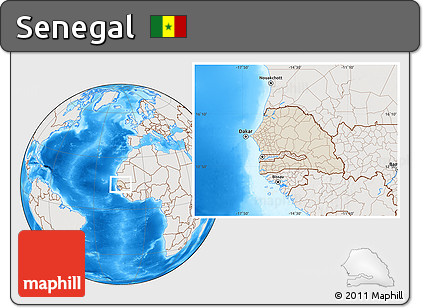 Shaded Relief Location Map of Senegal, lighten, semi-desaturated, land only