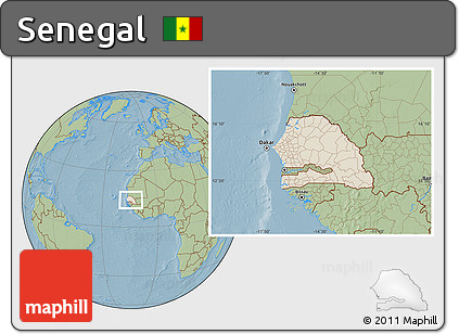 Shaded Relief Location Map of Senegal, savanna style outside, hill shading