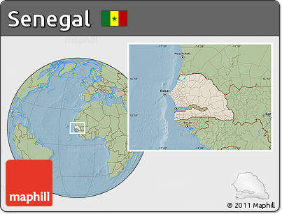 Shaded Relief Location Map of Senegal, savanna style outside, hill shading