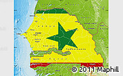 Flag Map of Senegal, physical outside, bathymetry sea, flag aligned to the middle