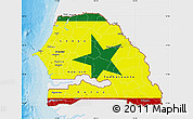 Flag Map of Senegal, single color outside, bathymetry sea, shaded relief sea, flag aligned to the middle