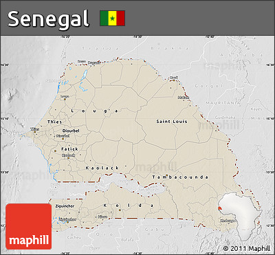 Shaded Relief Map of Senegal, lighten, desaturated