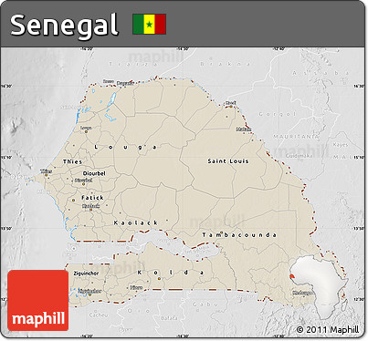 Shaded Relief Map of Senegal, lighten, desaturated