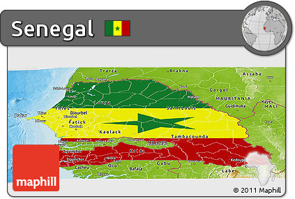 Flag Panoramic Map of Senegal, physical outside, bathymetry sea, flag rotated