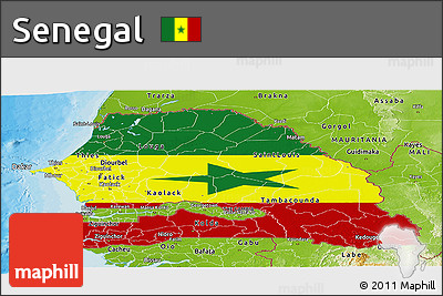 Flag Panoramic Map of Senegal, physical outside, bathymetry sea, flag rotated