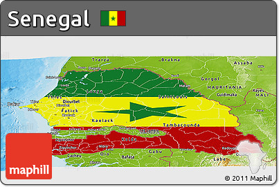 Flag Panoramic Map of Senegal, physical outside, bathymetry sea, flag rotated