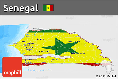 Flag Panoramic Map of Senegal, single color outside, bathymetry sea, flag aligned to the middle