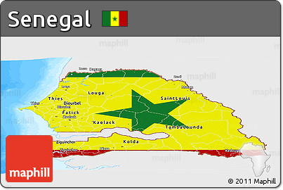Flag Panoramic Map of Senegal, single color outside, bathymetry sea, flag aligned to the middle