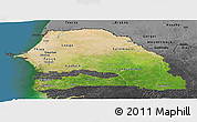 Satellite Panoramic Map of Senegal, darken, desaturated, land only