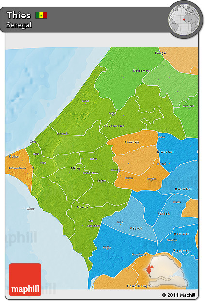 Physical 3D Map of Thies, political outside