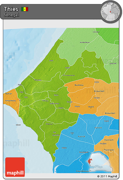 Physical 3D Map of Thies, political shades outside