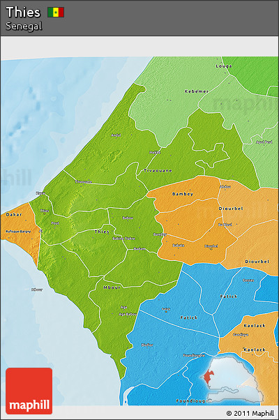 Physical 3D Map of Thies, political shades outside