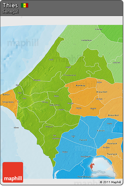 Physical 3D Map of Thies, political shades outside