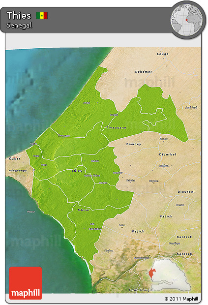 Physical 3D Map of Thies, satellite outside