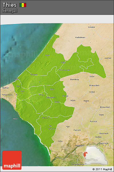 Physical 3D Map of Thies, satellite outside