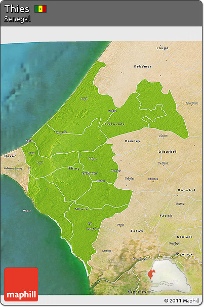 Physical 3D Map of Thies, satellite outside
