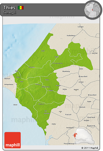 Physical 3D Map of Thies, shaded relief outside