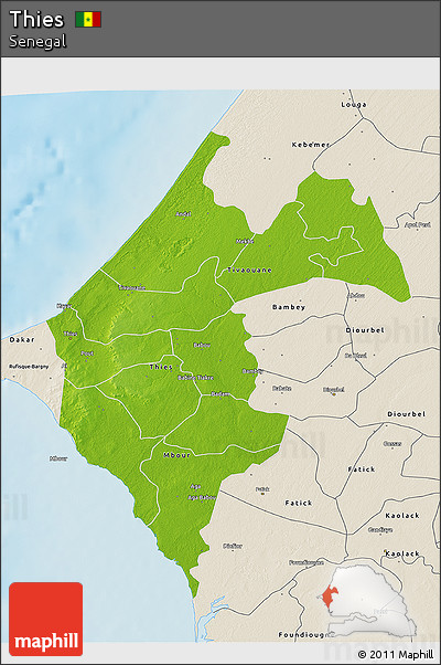 Physical 3D Map of Thies, shaded relief outside