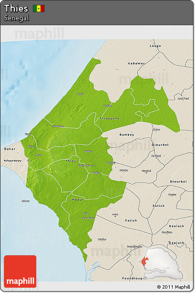 Physical 3D Map of Thies, shaded relief outside